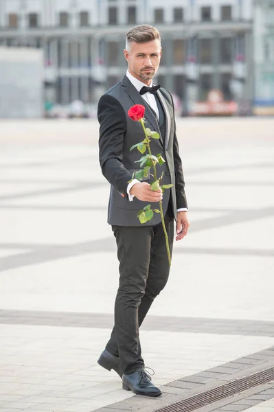 穿着燕尾服的优雅男子新郎 新郎在户外穿着燕尾服 漂亮的新郎 红玫瑰 — 图库照片