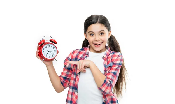 Foto Chica Adolescente Con Reloj Tiempo Alarma Señalando Adolescente Chica — Foto de Stock