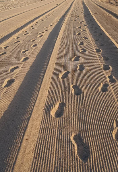여름에는 해변에서 발자국을 남기고 여름철에는 해변에서 발자국을 찍는다 해변의 발자국 — 스톡 사진