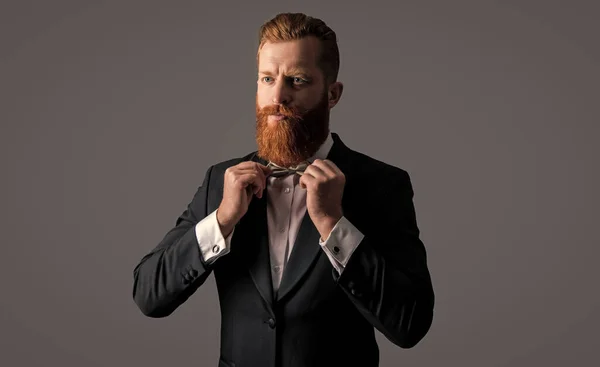 Elegant Groom Fixing Bowtie Black Tuxedo Handsome Groom Studio Redhead — Stock Photo, Image