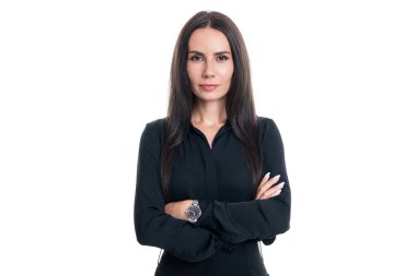 Kendine güvenen iş kadını beyaz arka planda izole edilmiş. Kafkasyalı iş kadını stüdyoda. Siyah giyen profesyonel bir iş kadını..