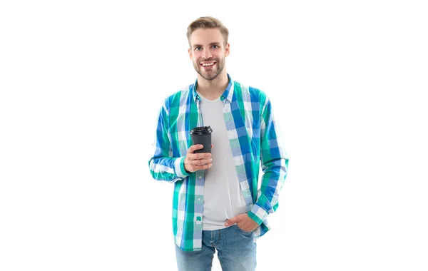 Glücklicher Millennial Mann Mit Kaffee Isoliert Auf Weiß Millennial Mann — Stockfoto