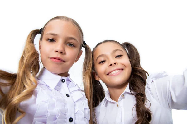 Glada Ansikten Skolbarn Gör Selfie Klassrummet Tillbaka Till Skolan Flickbarn — Stockfoto