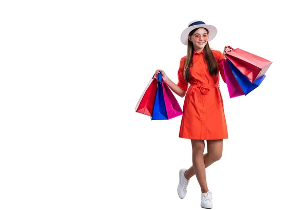 Adolescente Shopaholic Menina Estúdio Com Anúncio Espaço Cópia Adolescente Shopaholic — Fotografia de Stock