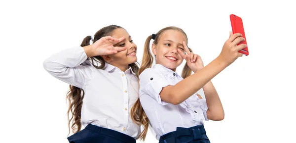 Mädchen Haben Selfie Zeit Schulfreunde Bloggen Und Machen Selfies Mit — Stockfoto
