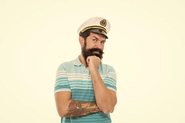 Buon Capitano Che Appoggia Mento Uomo Barbuto Con Cappello Capitano — Foto Stock
