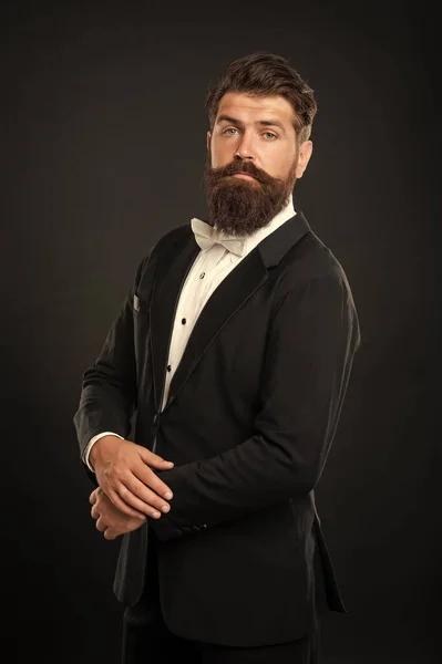 Bearded Bridegroom Tuxedo Black Background Groomsman — Fotografia de Stock