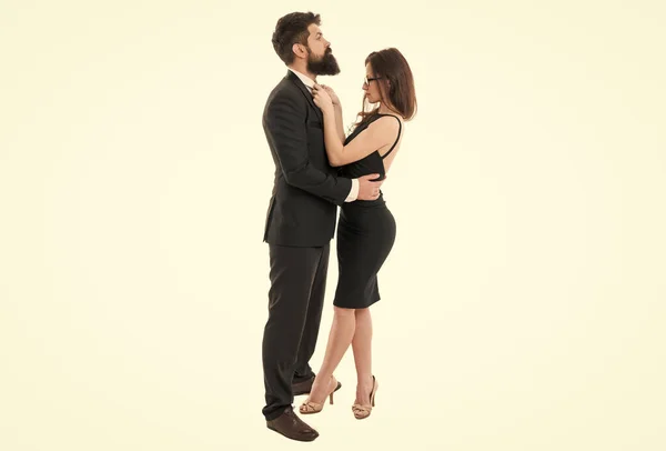 Couple get ready for party. Official dress code. Woman elegant lady and bearded gentleman black tuxedo with bow tie. Formal event. Dress code rules. Party ceremony conference. Dress code concept.