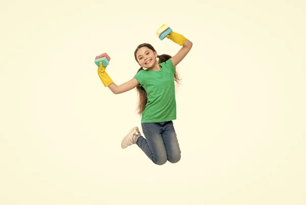 Housekeeping Duties Household Concept Helpful Daughter Sparkling Results Cleaning Sponge — Fotografia de Stock