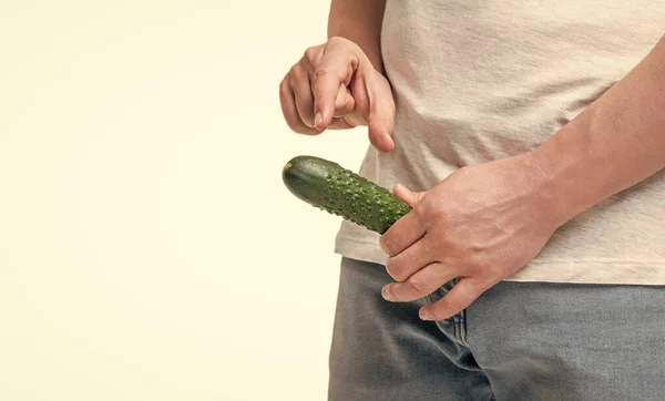 Man Crop View Showing Small Size Gesture Holding Cucumber Penis — Stockfoto