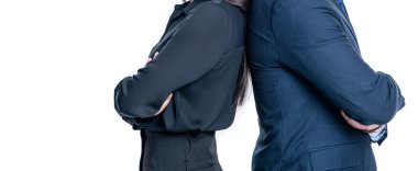 İş ortakları beyaz arka planda izole edilmiş, fotokopi alanı ile kırpılmış görüntüler. Stüdyoda iş ortakları. Resmi giyimde bir çift iş ortağı. Profesyonel iş ortaklarının fotoğrafı..