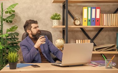 Yetişkin girişimcilerin ofiste kahveyle bilgisayar üzerinde çalışması, modern hayat..