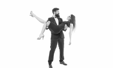Expressing feelings. engagement and proposal. love relationship. date on valentines day. man and girl celebrate anniversary. romantic couple in love dancing. formal couple of tuxedo man and sexy girl.