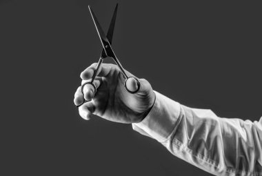 Gri arka planda izole edilmiş berber dükkanı makası. Berber dükkanı makası ile el ele. Stüdyoda el ele tutuşan berber makası. Berber dükkanının elinde makas fotoğrafı.