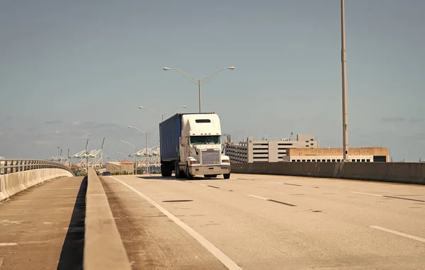 stock image Miami, Florida USA - April 15, 2021: Freightliner Cascadia truck on the road, front view.