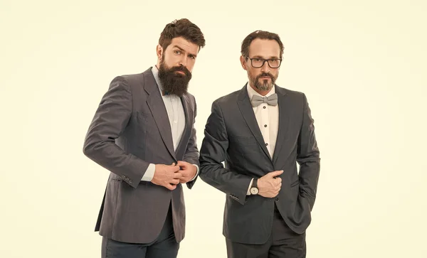 Welcome to team. mature men have own business. collaboration and teamwork. partnership of boss men isolated on white. bearded businessmen in formal suit. business meeting. team success.