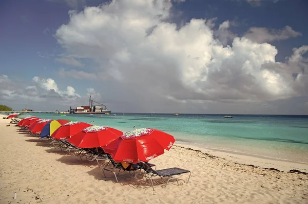 特克斯和凯科斯群岛大特克 2015年12月29日 有日光浴床和伞的夏季海滨海滩 复制空间 — 图库照片