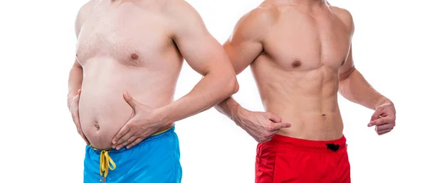 腹部腹肌比较男人在演播室 比较男人腹肌的剪切面 男人腹部的照片比较 腹部腹肌与白色孤立男子的比较 — 图库照片