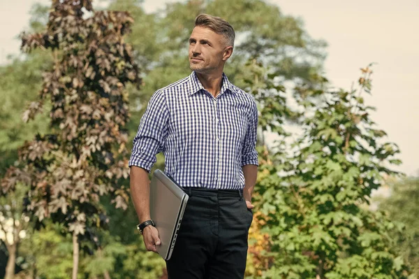 Man Hold Laptop Man Freelancer Outdoor Business Man — Stockfoto