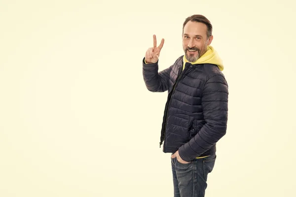 Mature Guy Jacket Show Peace Gesture Isolated White Background Guy — Stock Photo, Image