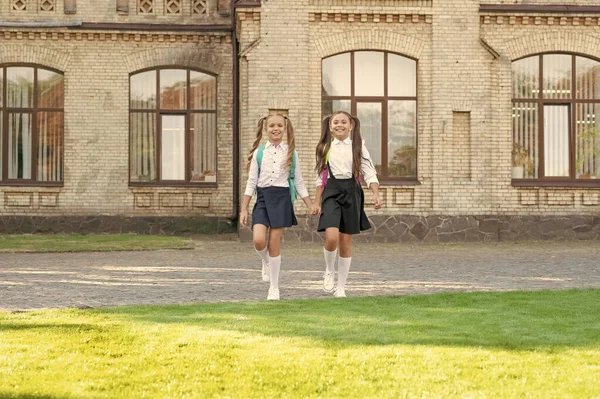 Two Children Uniform Walking Together Outdoor — Photo