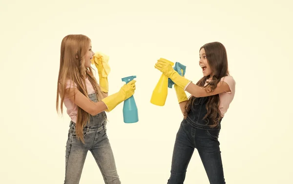 Cleaning Products Work Little Girls Spraying Each Other Bottles While — Fotografia de Stock