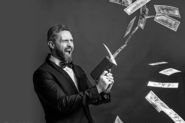 Een Man Miljonair Met Een Geldpistool Casino Jackpot Miljardair Wint — Stockfoto