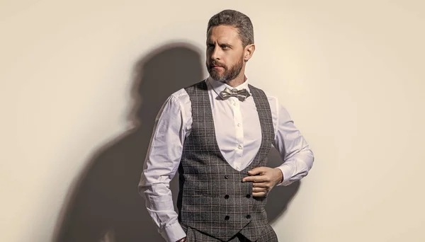 Charismatic Man Tuxedo Grey Background Tuxedo Man Studio Photo Man — Stock Photo, Image