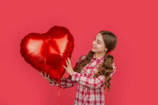 Cheerful Teen Girl Hold Love Heart Balloon Red Background — Stock Photo, Image