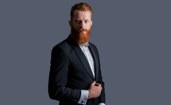 Tuxedo Formalwear Unshaven Man Tuxedo Formalwear Isolated Grey Background Man — Stock Photo, Image