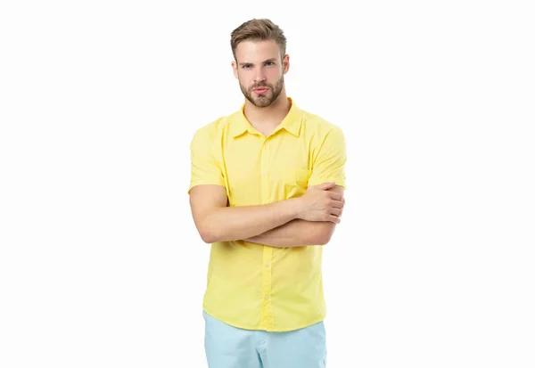 Wizerunek Modnego Mężczyzny Żółtej Koszuli Modny Człowiek Odizolowany Białym Modny — Zdjęcie stockowe