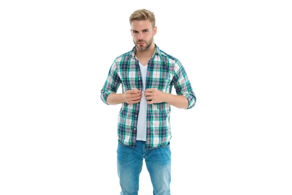 Случайный Молодой Человек Студии Фото Случайного Мужчины Клетчатой Рубашке Случайный — стоковое фото