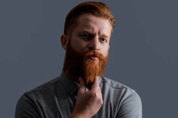 Портрет Бородатого Чоловіка Погладжує Бороду Непохитна Людина Серйозним Обличчям Ірландська — стокове фото