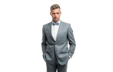 Papyon mavisi ceketli olgun bir adam. Beyaz iş adamı. Büyük patron resmi giyiniyor..