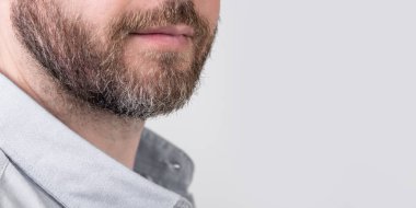 Stüdyoda sakallı sakallı adamın fotokopi odası var. Sakallı bir adamın fotoğrafı. Sakallı, sıradan tişörtlü bir adam. Gri arka planda sakallı bir adam..