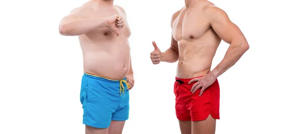 在减肥后的肥胖前 大拇指上下翻动 肥胖前的男性瘦身后的景象 瘦身后肥胖前的照片 瘦身后肥胖前比较 — 图库照片