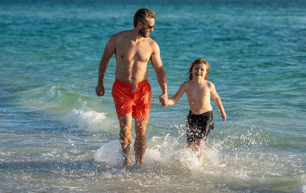 Father Son Adventures Dad Man Son Kid Running Sea Beach Stock Picture