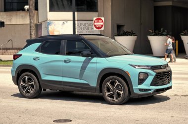 Miami Beach, Florida USA - April 15, 2021: blue chevrolet trailblazer RS suv vehicle, side view.