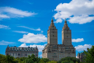 Central Park ABD 'den Manhattan binaları. Central Park 'taki Manhattan binasının manzarası. Central Park ve New York 'taki Yukarı Doğu yakası. Park gökdelenle çevrili. şehir mimarisi.