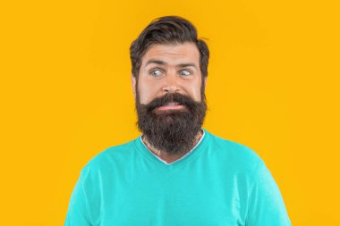 Kafası karışmış sakallı adamın portresi. Sarıda izole edilmiş sakallı adamın portresi. Stüdyodaki sakallı adamın portresi. Arka planda sakallı adamın portresi var..