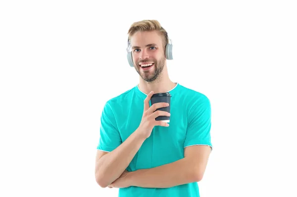 Άνθρωπος Χιλιετή Χαμόγελο Ακουστικά Στο Παρασκήνιο Millennial Άνθρωπος Ακουστικά Στο — Φωτογραφία Αρχείου