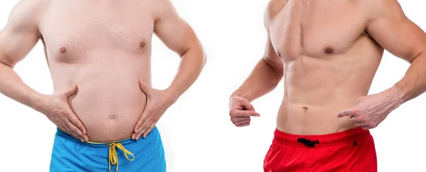 将男人的腹部和腹部相比较 指指点点 男人腹部的照片比较 腹部腹肌与男性相比较 孤立于白色之上 在演播室里男人的腹部比较 — 图库照片