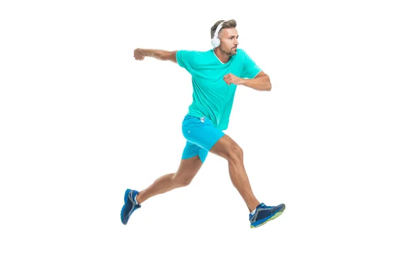 アクティブなスポーツマンジョギングランニング ゴールラインに向かってフルスピードで走るスポーツマン ホワイトで孤立したスポーツマンランナー スタジオで運動のために走る男スポーツマン — ストック写真