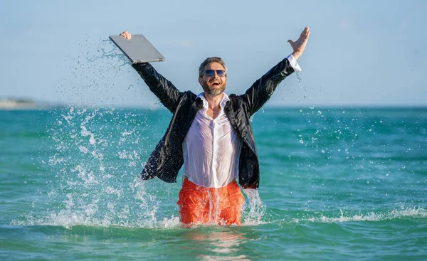 stock image Business man in sea water. Crazy business vacation. successful businessman finally relaxing. businessman has success. successful business deal. Businessman excited in sea water. refresh your mind.