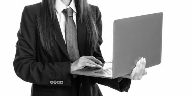 cropped view of businesswoman freelancer isolated on white. businesswoman freelancer in studio. businesswoman freelancer on background. photo of businesswoman freelancer with laptop.