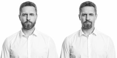 Beard style comparison. Portrait of man with different beard shapes. Face of man with full beard and chin beard. Bearded unshaven man studio isolated on white background.