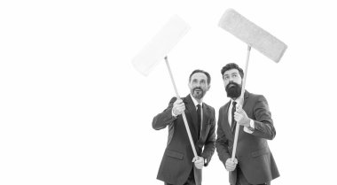 Cleaning service concept. Cover our tracks before someone find out financial fraud. Clear reputation. Bearded men formal suits hold mops. Big cleaning day. Cleaning business. Household duties.