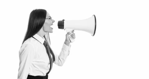 Woman Advertising Loudspeaker Isolated White Advertisement Woman Advertising Loudspeaker Studio — Stock Photo, Image