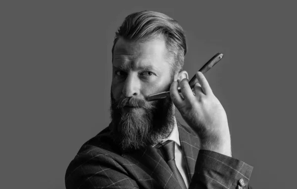 Man Has Moustache Beard Studio Man Hold Blade Shaving Concept — Stock Photo, Image