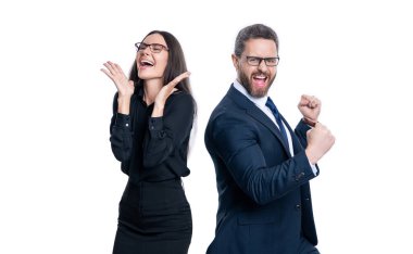 Beyaz arka planda izole edilmiş iş ortakları, başarı. Stüdyoda iş ortakları. Resmi giyimde bir çift iş ortağı. Profesyonel iş ortaklarının fotoğrafı..